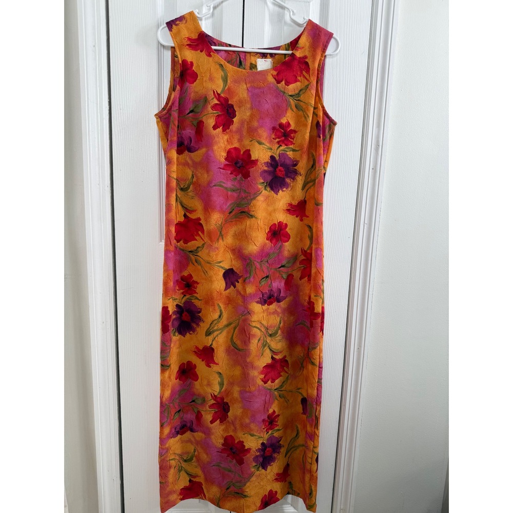 Unbranded Floral Crinkle Maxi Dress L Orange Pink Purple‎ Y2K Artsy Retro Sheath